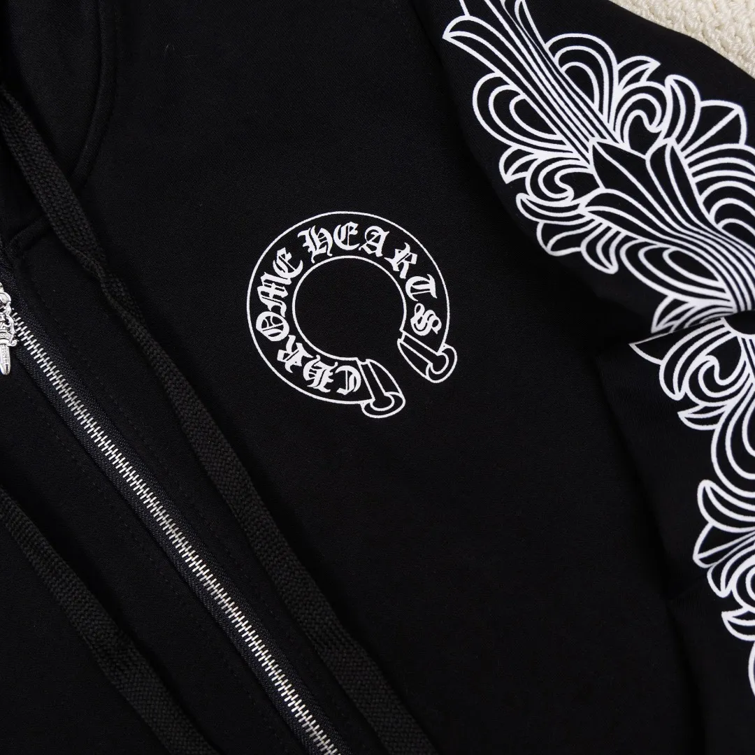 P270 Chrome Hearts/Chrome Hearts 25 Horseshoe Scroll Printed Cross Flower Arm Zipper Hooded Sweatshirt Cardigan Jacket Made of 440g high weight pure cotton terry fabric Correct hardware Uniform couple style for men and women Color: Black Size: S-XL (Picture 9)